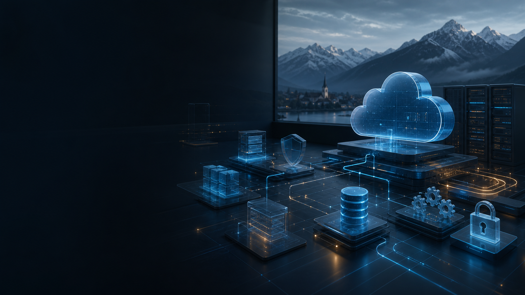 Abstrakte Cloud-Infrastruktur vor &Atilde;&para;sterreichischer Alpenlandschaft